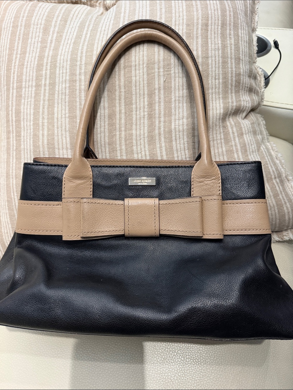 kate spade Black Leather Tote with Beige Bow Trim